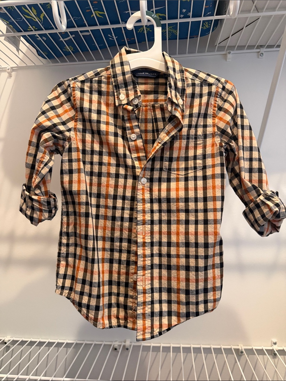 Janie and Jack Orange, Navy & Cream Plaid Button-Up Shirt